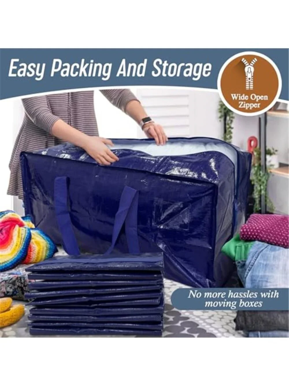 6 Pack Extra Heavy Duty Large Moving Bags with Strong Zipper, Dark Blue